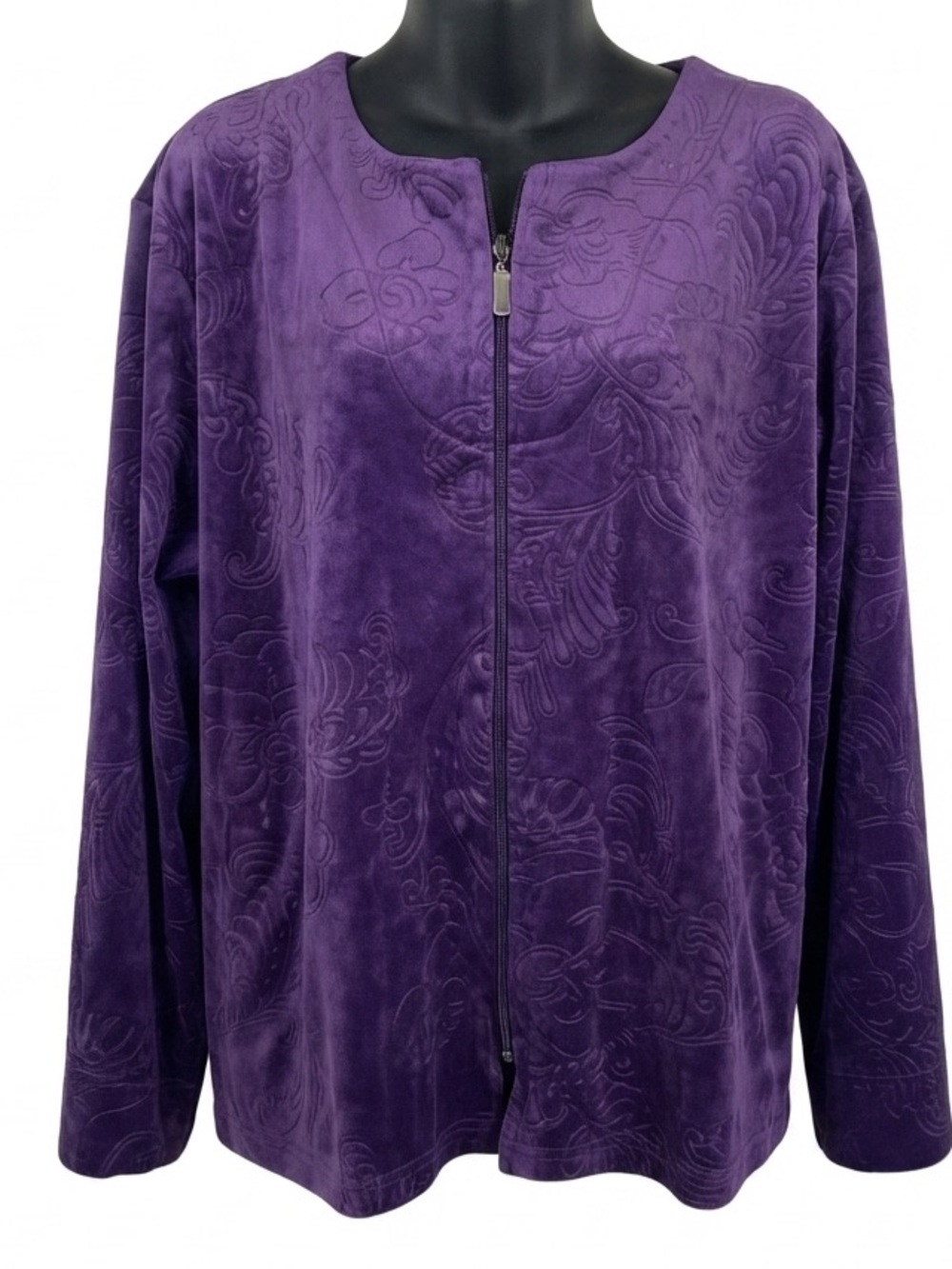 Miss Elaine dark purple embossed fleece zip-front lounge jacket xl - Picture 2 of 13